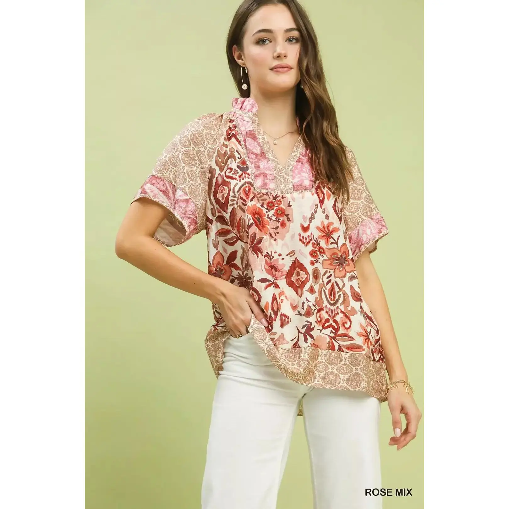 Umgee Mixed Print V-Neck Short Sleeve Top