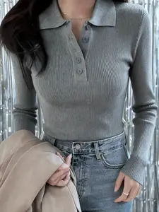 New Women's Fall Winter Ribbed Polo Knit Sweater, Slim Fit Commuter Top, Versatile Casual Wear, Stylish Ladies' Pullover