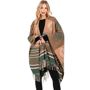 Aztec Pattern Fringe Ruana Cardigan Warp Scarf