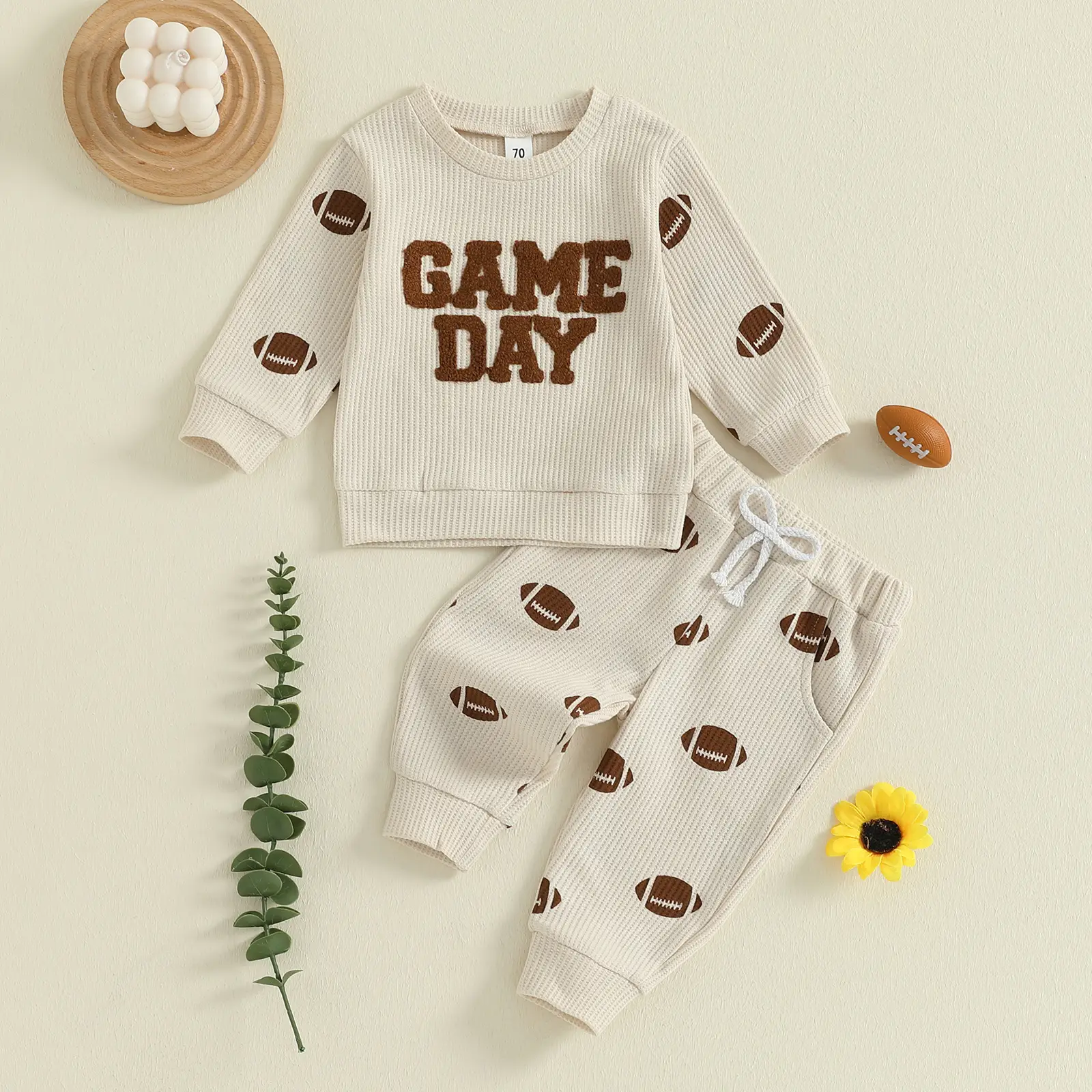 Toddler Baby Boy Fall Winter Outfits Letter Embroidery Long Sleeve Pullover + Football Print Pants 2 Pcs Set 0-3 Years