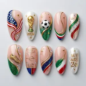 Soccer Press On Nails 3D Football Gold Cleat Sports Fan Black Red Green Gold