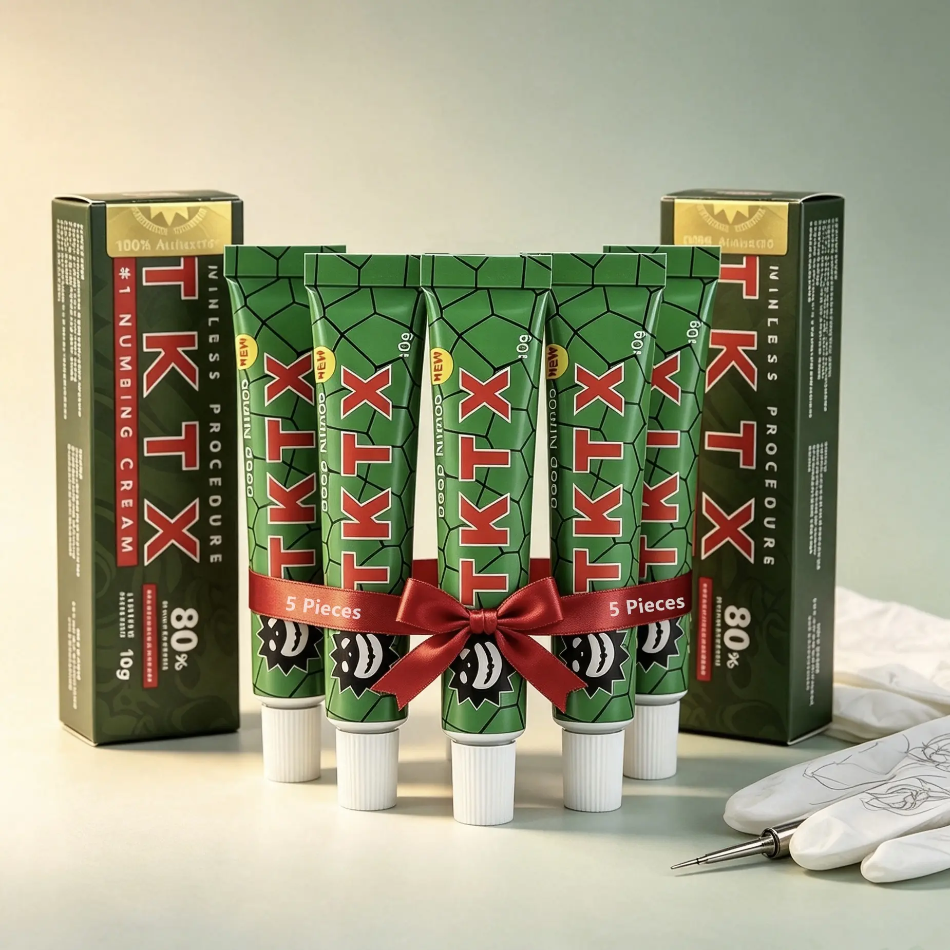 TKTX 80% Numbing Cream Green Edition - Lightweight, Gentle, Antibacterial, Fragrance-Free Default 5-Pack (50g Each) Fast-Acting Tattoo & Cosmetic Skin Procedure Relief Cream (6-8hr Numbness), Fragranc-Free