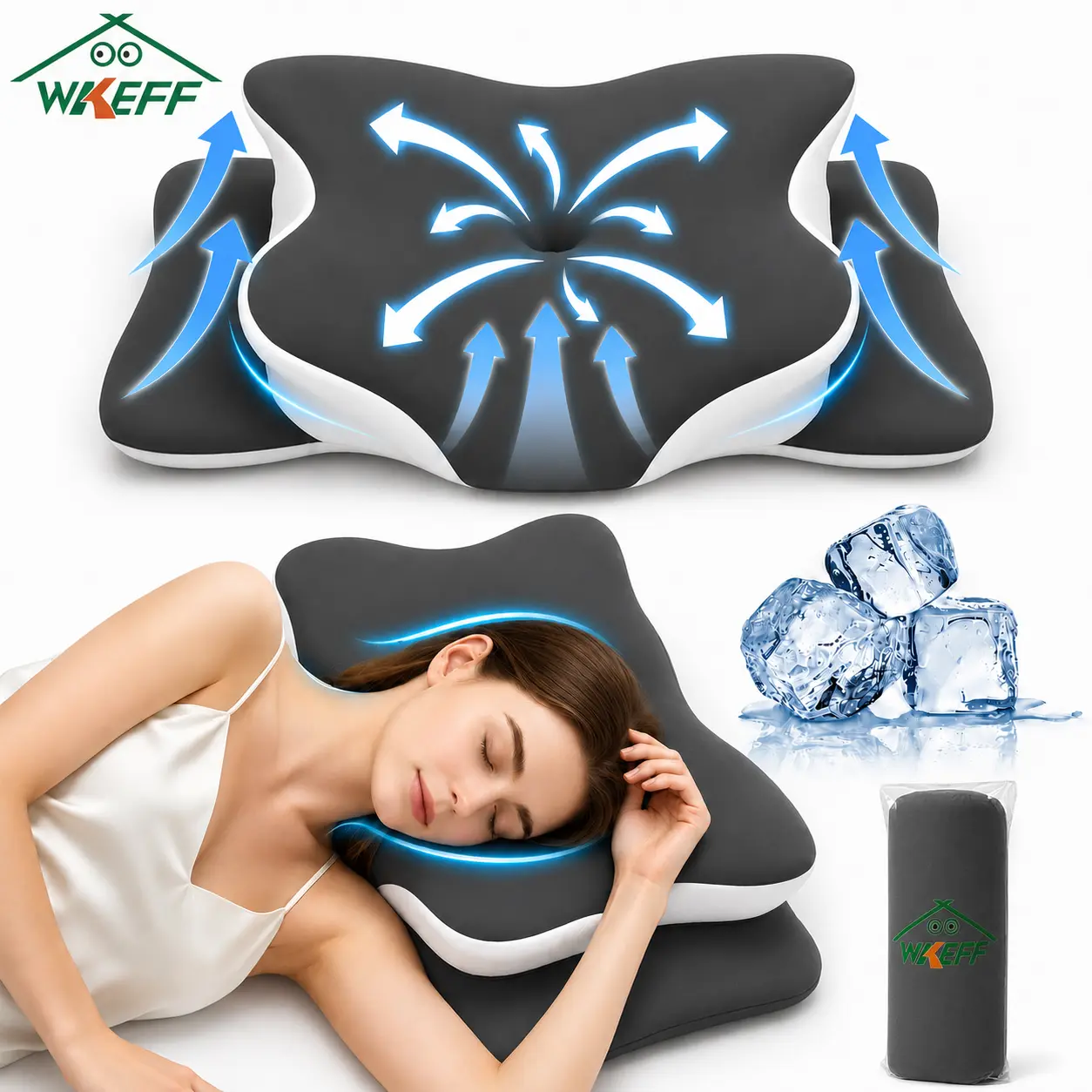 WKEFF Butterfly-Shaped Memory Foam Cervical Neck Pillow, Ergonomic Support Pillow with Machine-Washable Pillowcase for Supine, Side Sleeping Bedding