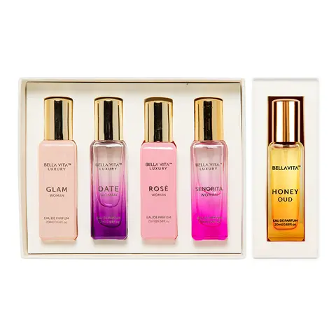BellaVita Luxury's Booster Perfume Gift Set For Women | 5 Luxury Minis | Long Lasting |  Senorita, Rose, Date, Glam, Honey Oud | Eau De Parfum