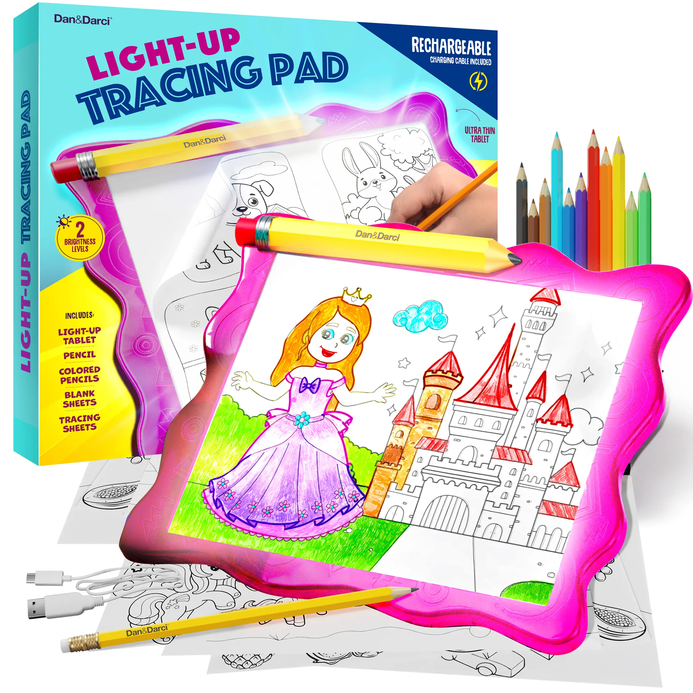Dan&Darci Light-Up Tracing Pad LED Backlit Drawing Tablet with 30+ Stencils Colored Pencils Rechargeable Art Toy for Kids 12x14x1 in