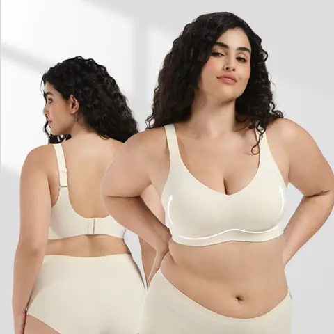 COMFELIE Women's Plus Size Wire-Free V-Neck Underwear Bra - Basic, Breathable, Light, Seamless, Full Coverage Fabric Bralette for Versatile Outfits (EB061-EB062)