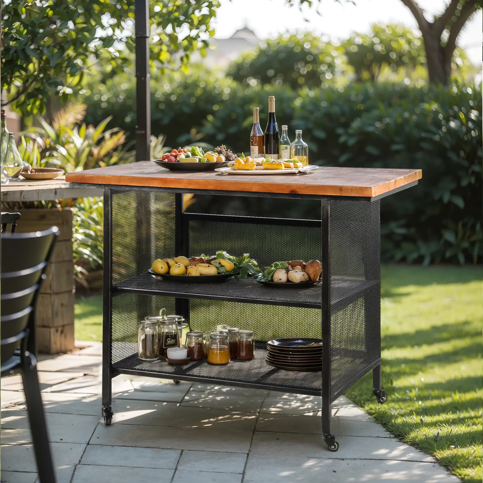 Rustic 3Tier Bar Cart on Wheels Industrial Rolling Serving Cart Mobile Kitchen Island with Casters Farmhouse Utility Cart for Office with Wooden Top-47.2 * 23.6 * 36.6inch L*W*H