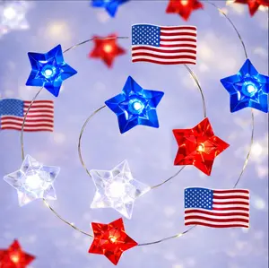 4th of July Decorations String Lights, 13FT 40 LED Red White and Blue Star American Flag Lights, Patriotic Independence Day Decor, Memorial Day Decorations for Home Indoor Outdoor