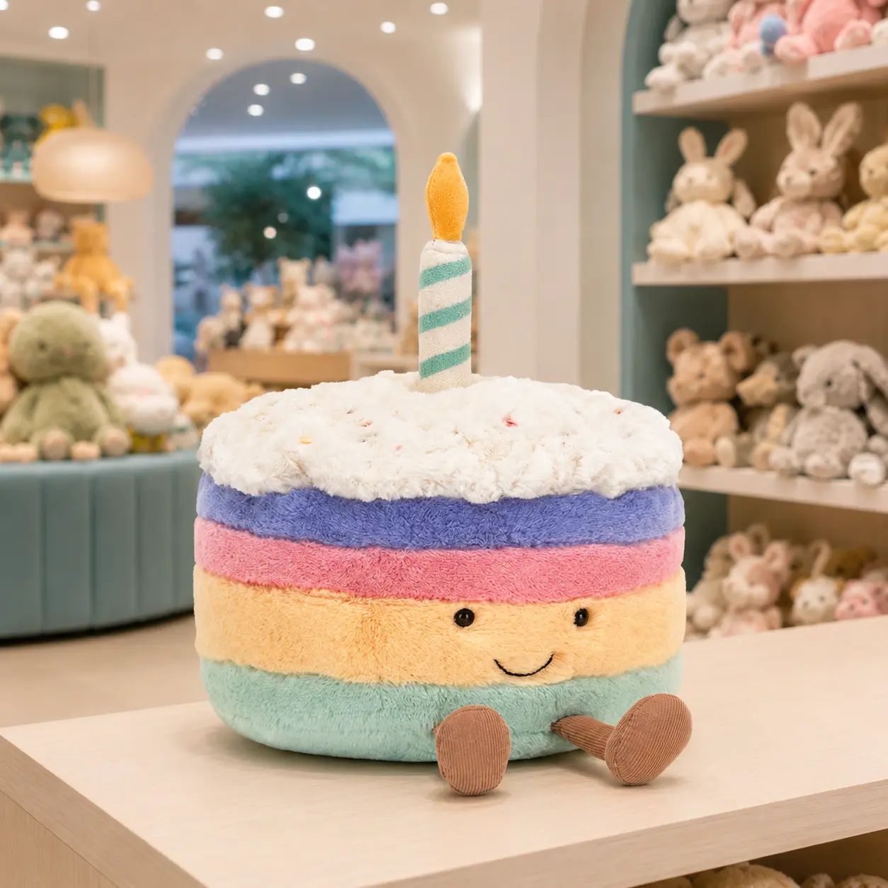 Jellycat Amuseables Rainbow Birthday Cake Plush with Jellycat Drawstring Gift Bag, Authentic Soft Stuffed Toy, Cute Birthday Gift for Kids & Adults