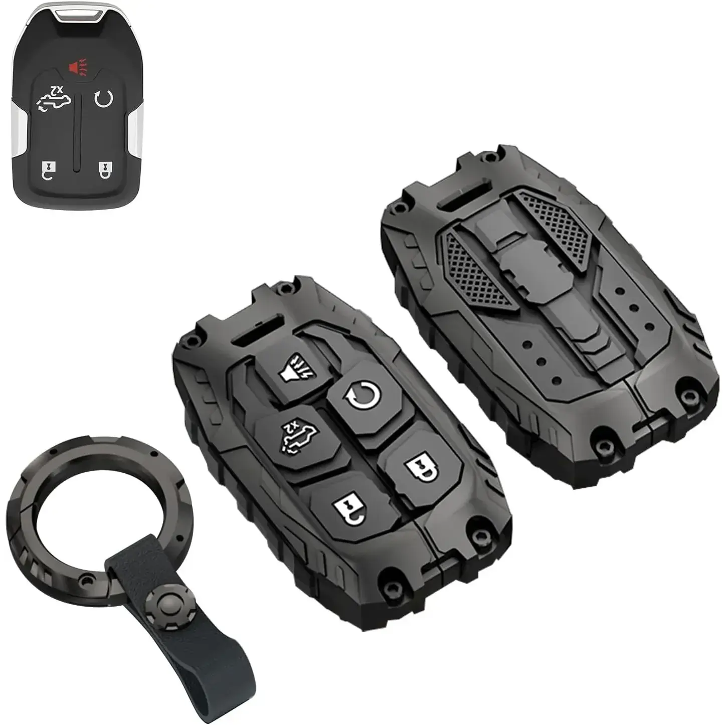 Heavy Key Fob Cover Case Protector for GMC, Keychain, Accessories for 2023 2022 2021 2020 2019 GMC Sierra, Chevy Silverado 1500 2500HD 3500HD (Type-B 5 Buttons)