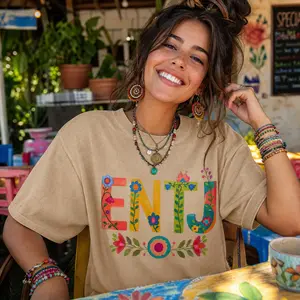 Boho Floral Commander Graphic Tee Colorful Folk Art Personality Type Shirt for Women