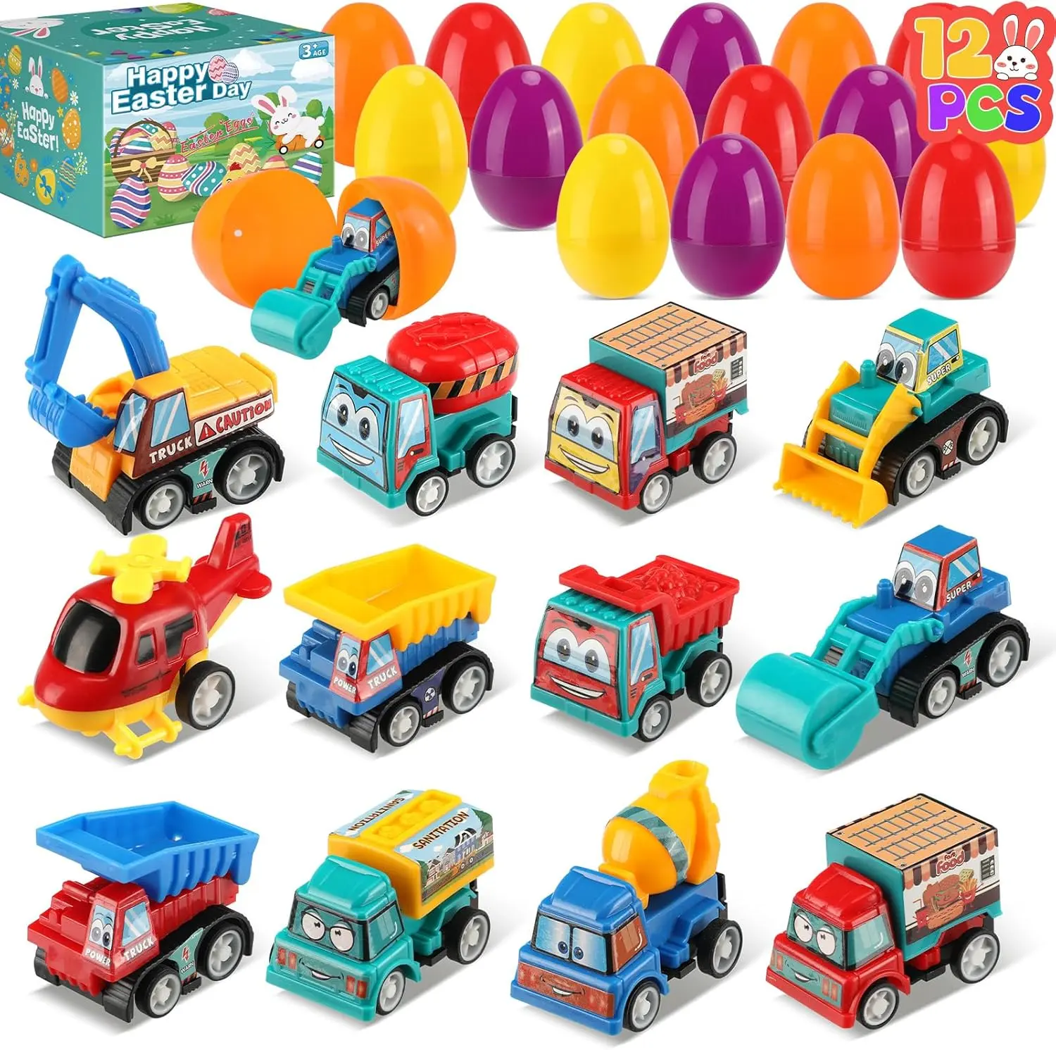 12-piece Easter egg set, including a toy construction vehicle with reverse gear, plastic construction vehicle eggs, basket fillers and egg hunt games for kids, small gifts for classroom parties, track toy sets, die-cast model cars, and giant toy cars Fami
