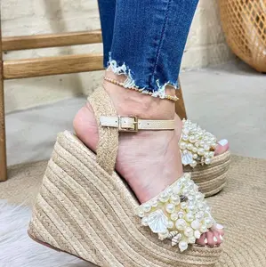 ZoLer>< Women's 12 cm Platform Sandals with Pearl Decor and Braided Design