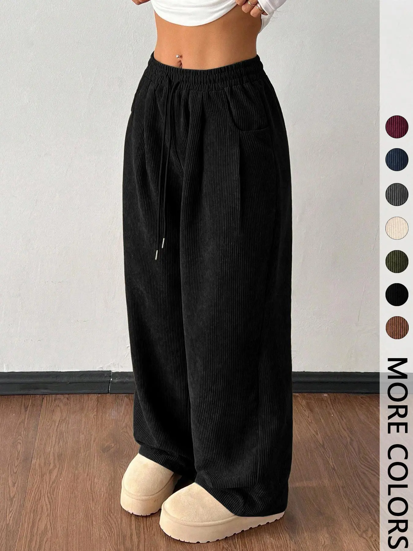 Women's Basic Loose-Fitting Baggy Solid Corduroy Drawstring Adjustable Bottom Pants, Womenswear Casual Everyday All-Season Straight Leg Trousers for Autumn & Winter Valentine's Day