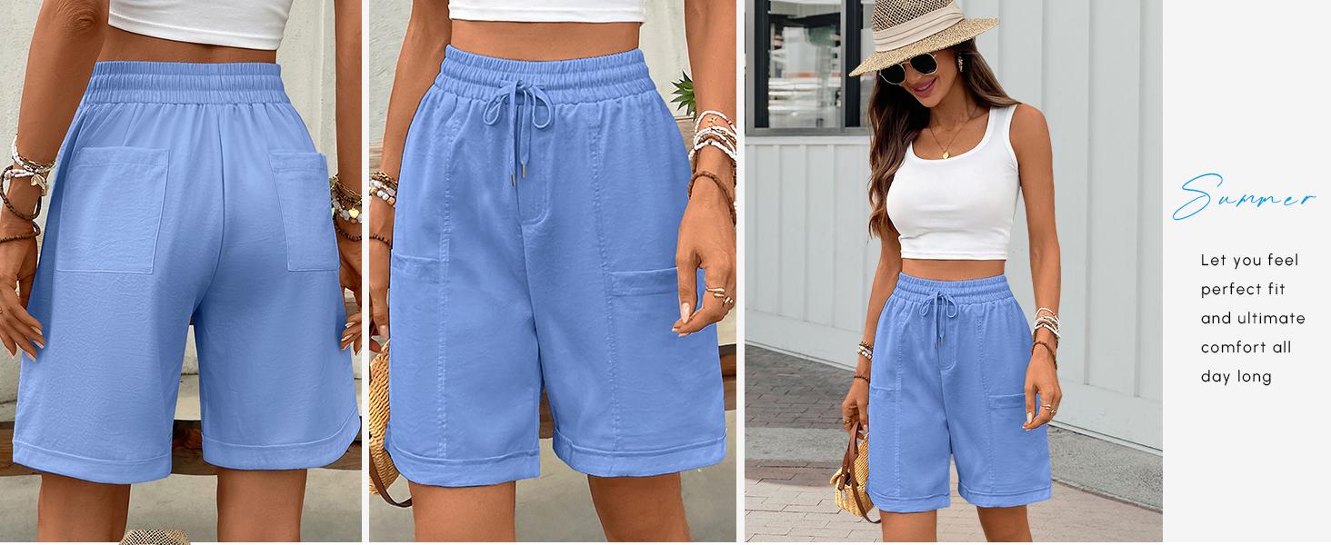 Women's Bermuda Long Shorts Summer 8'' High Waisted Casual Sports Short Elastic Drawstring Pull On Short with Pocket
