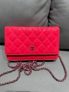 Pre-owned CHANEL Wallet On Chain Collection Pink Patent Leather Silver Hardware