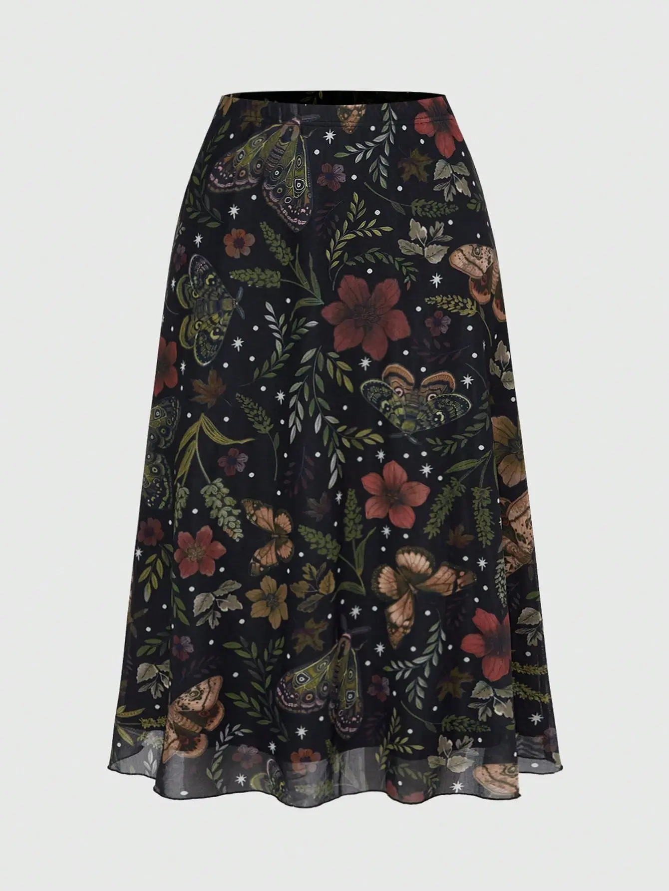 ROMWE Plus Size Mesh A Line Skirt High Waist Flowy Floral Print Casual Outfit Fairycore Style