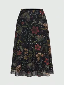 ROMWE Plus Size Mesh A Line Skirt High Waist Flowy Floral Print Casual Outfit Fairycore Style