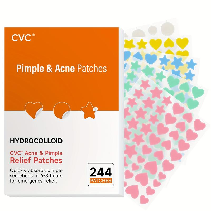 Two boxes of 240-count acne patches, hydrogel acne patches, cute star-shaped acne patches, tea tree essential oil, salicylic acid, centella asiatica oil complex formula, colorful acne patches