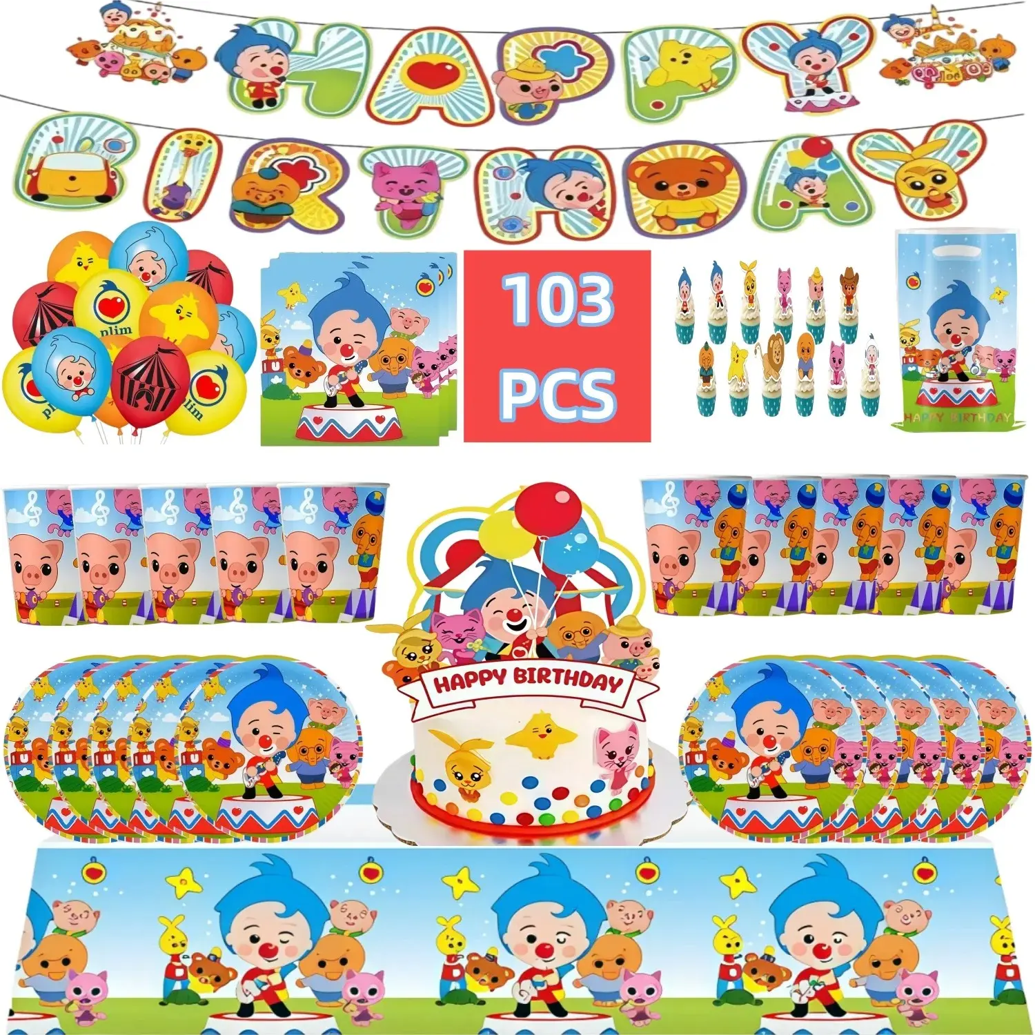 Plim Plim Clown Birthday Party Decor Kit Disposable Tableware Cup Plate Napkin Gift Bag Banner Backdrop Kids Party Supplies