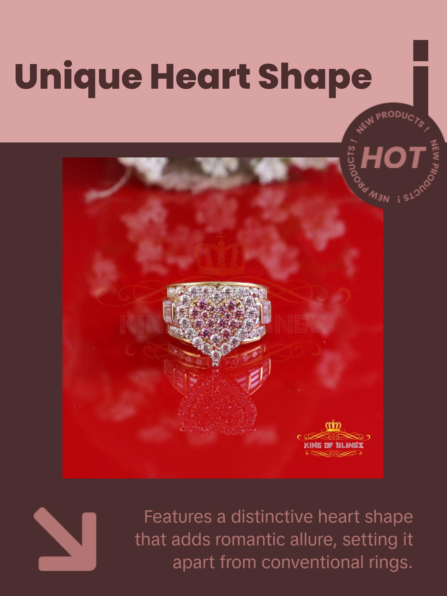 King Of Bling's Women's 4.00ct 925 Silver VVS D Pink Moissanite Yellow Cinderella HEART Ring SZ 8