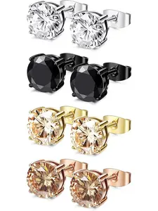 4 Pairs Stainless Steel Stud Earrings for Men Women Square CZ Earrings Silver Black Diamond Earrings,3-7MM Hypoallergenic CZ Earrings