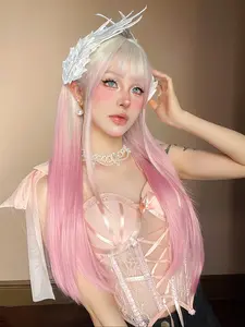 26 Inch Pink Long Straight Wigs for Women, Gorgeous Fashion Fluffy Wigs with Blunt Bangs, Synthetic Full Machine Wigs for Party, Daily Use, Synthetic Hair Wig