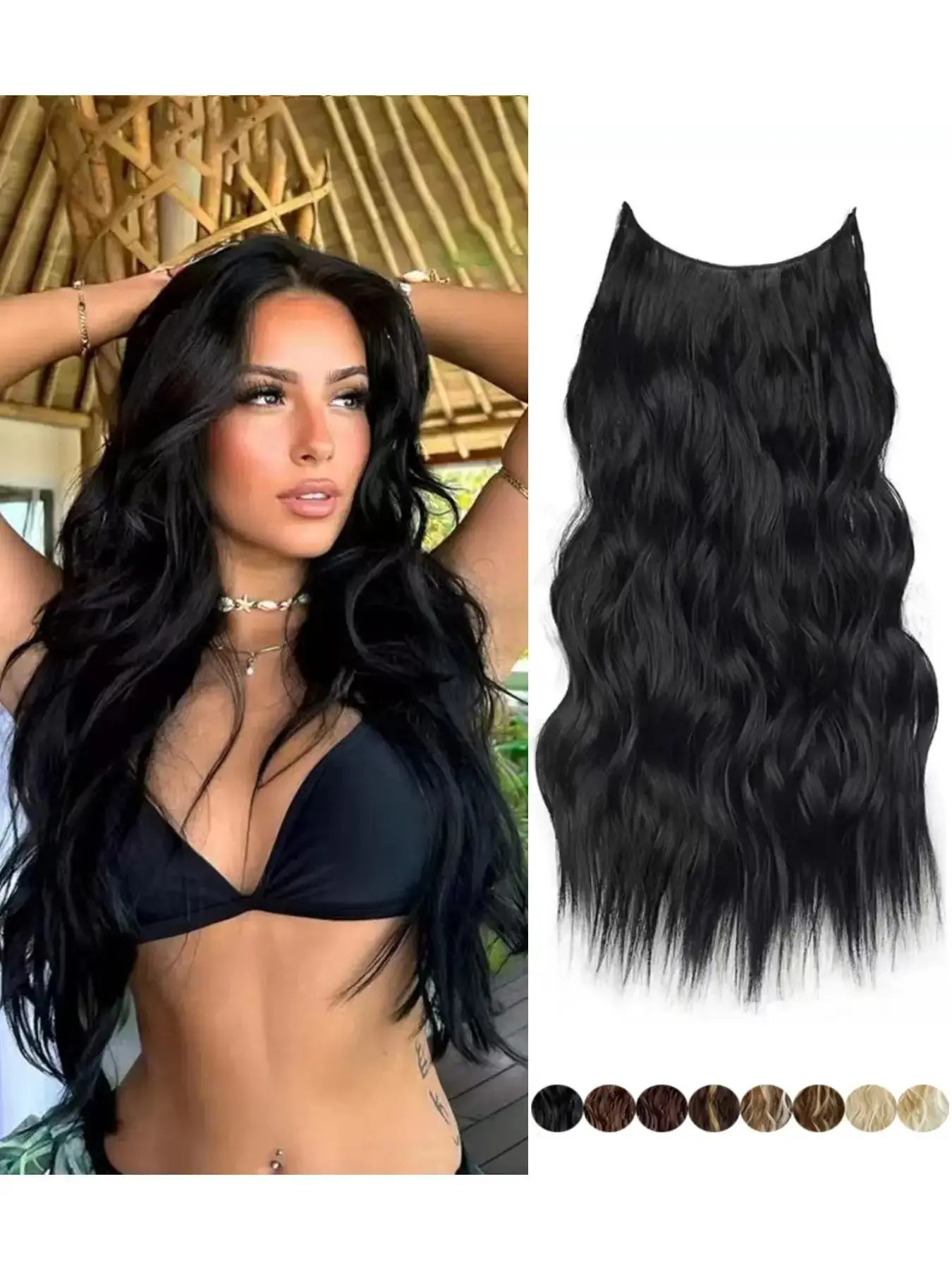 Women's Long Wavy Fishline Hairpiece, Synthetic Hair Invisible Seamless Water Ripple Hair Extension, Large Wave Fishline Clip-In Hairpiece