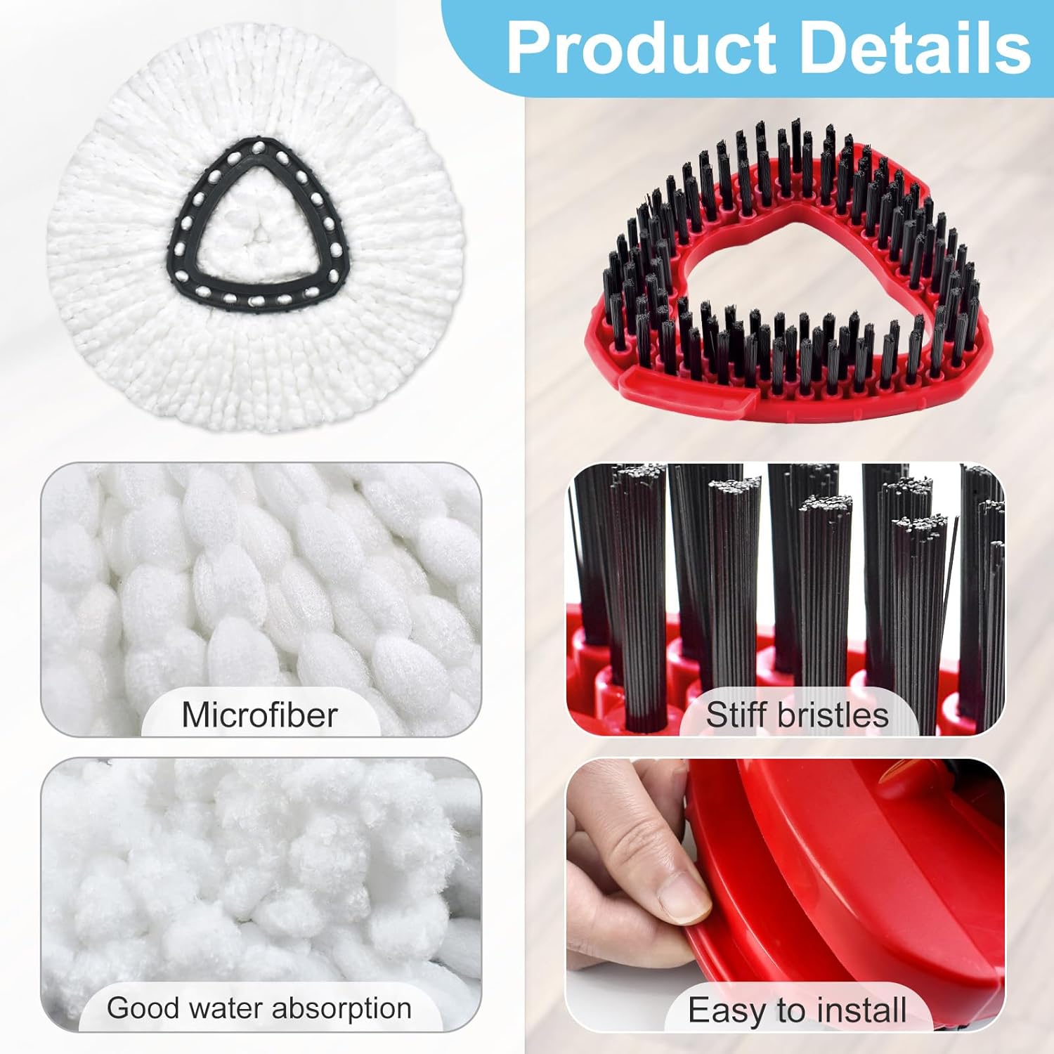 Spin Mop Replace Head Base, Handle Compatible with O Cedar EasyWring Microfiber Spin Mop, 2 Mop Refills Replacement Heads, 30-58" Mop Handle and 1 Mop Base Combo Set (White, 1-Tank System)