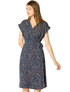 INSPIRE CHIC Ditsy Floral Print V Neck Ruffle Flutter Sleeve Belted Midi Wrap Dress