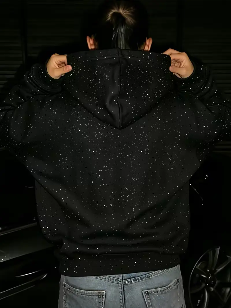 2026 New Arrival Women’s Trendy Zip-Up Hoodie, Single Piece, Loose Fit, Y2K Style Sweatshirt with a subtle shimmer texture from fine glitter flecks that gives it a sparkling glow, street style