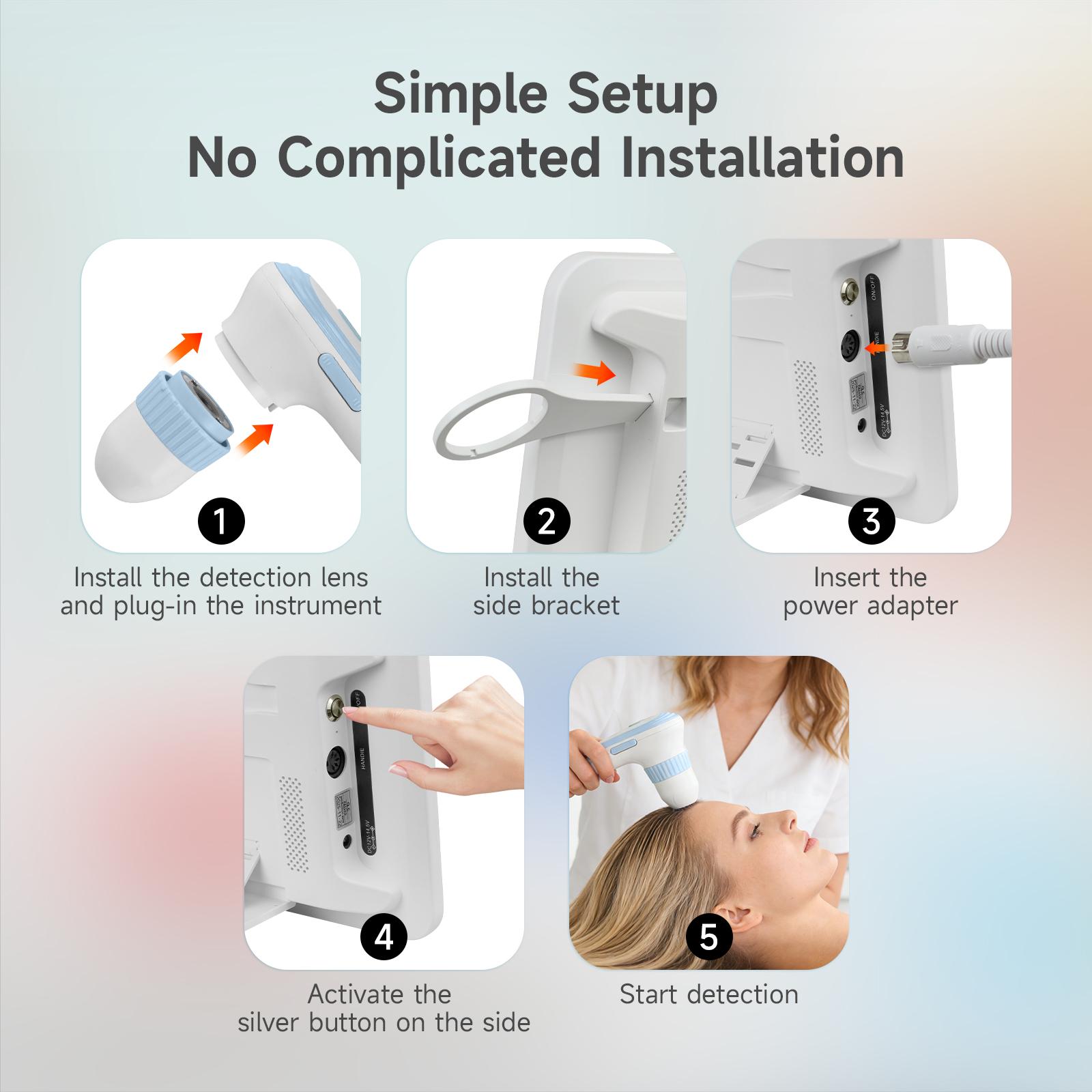 Scalp detector, hair follicle analysis, skin detector, photo capture, scalp therapy device, beauty salon scalp analysis