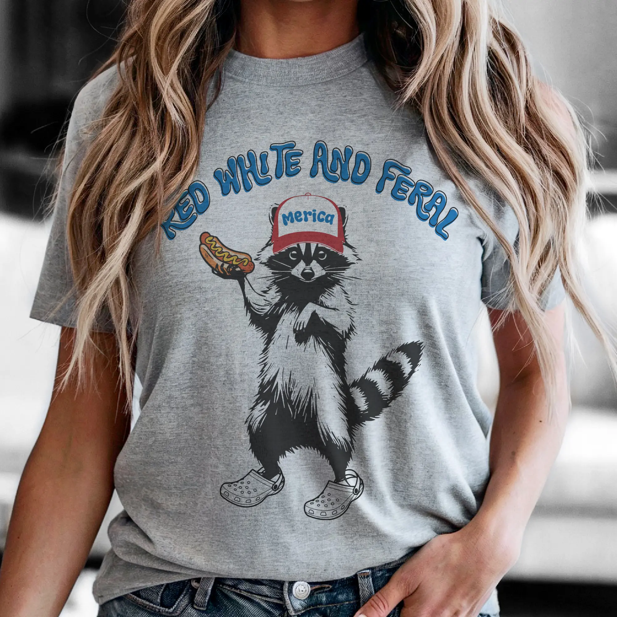 USA Red White Feral Raccoon Graphic Tee Vintage Hot dog Party America Patriotic Racoon Tshirt Trucker Hat Hot Dog Eating Redneck Shirt Unisex Casual Womens Top raccoon July 4th Memorial Day
