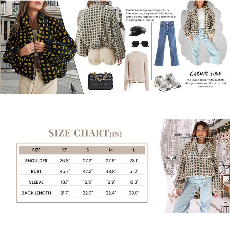 Ommig Women’s Long Sleeve Cropped Sherpa Fleece Plaid Jacket Casual Chunky Teddy Fleece Outerwear