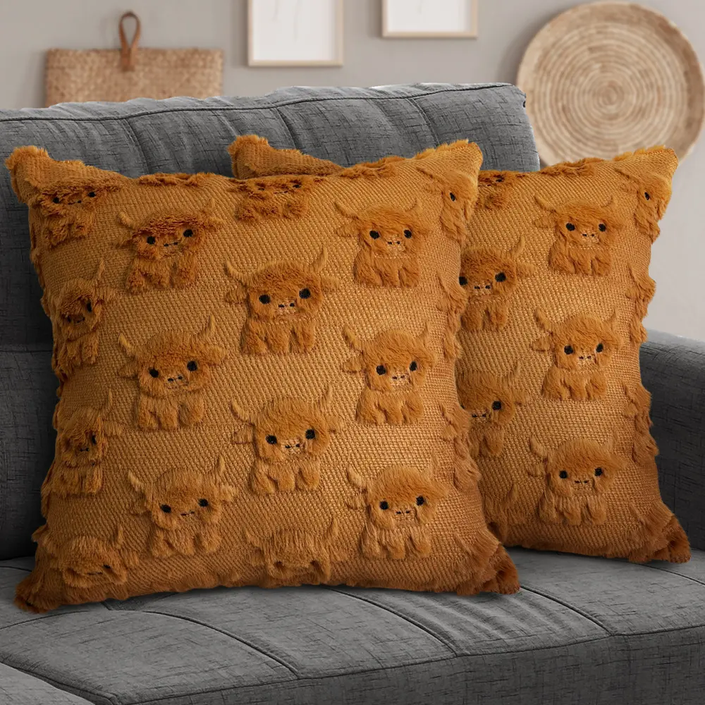Highland Cow Pillow Covers (18x18 in) - Low-Shed Plush Faux Fur Wool Decorative Cushion Cases, Farmhouse Chic Cow Faces Home Decor for Sofa, Soft Plush Feels Soothing Gift for Highland Cattle Lovers