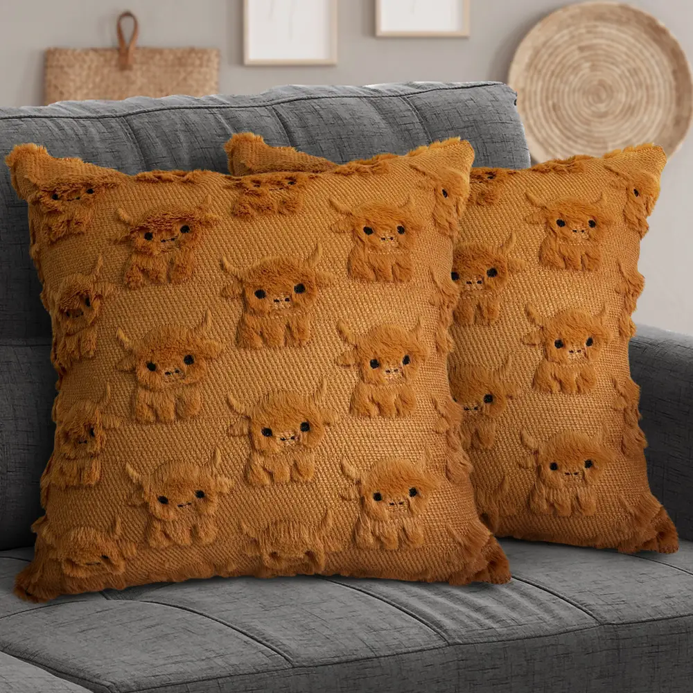 Highland Cow Pillow Covers 18x18 Cow Home Decor Farmhouse Pillow Covers Soft Plush Faux Fur Wool Pillowcases for Sofa Living Room, Gifts for Highland