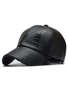 1pcs Men's Spring Summer Autumn Winter PU Leather Baseball Cap, Adjustable Vintage Sun Hat, Letter Print, Outdoor Travel Beach Vacation