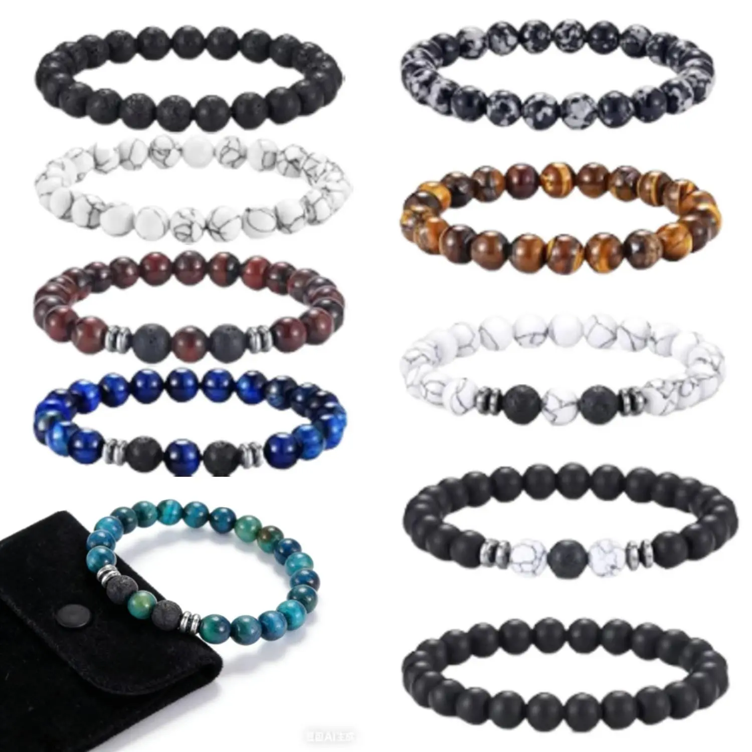 10PCS Tiger Eye Bracelet For Men Natural Stone Beads Bracelet Set Stretch Lava Rock Bracelets Adjustable Black Crystal Beaded Bracelet for Men Women