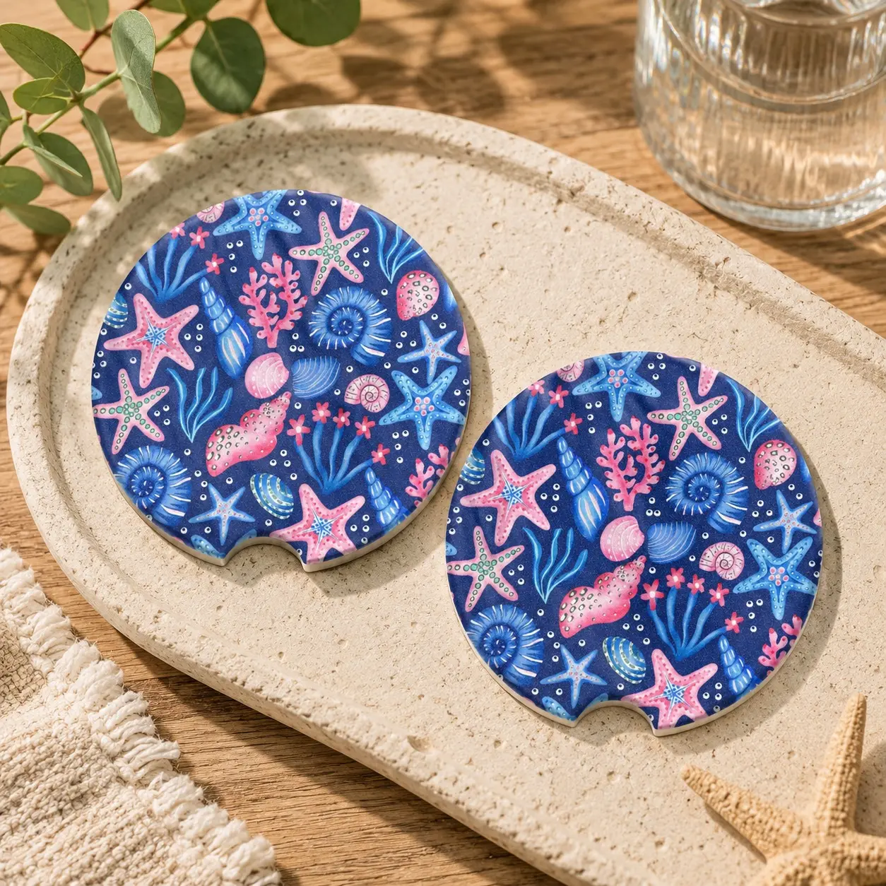 Coastal Seashell Car Coaster Set, Starfish Ocean Neoprene Car Cup Holder Coasters, Beach Coastal Car Accessories, Pink Blue Sea Life Auto Decor, Summer Aesthetic Cup Holder Insert, Gift for Beach Lovers
