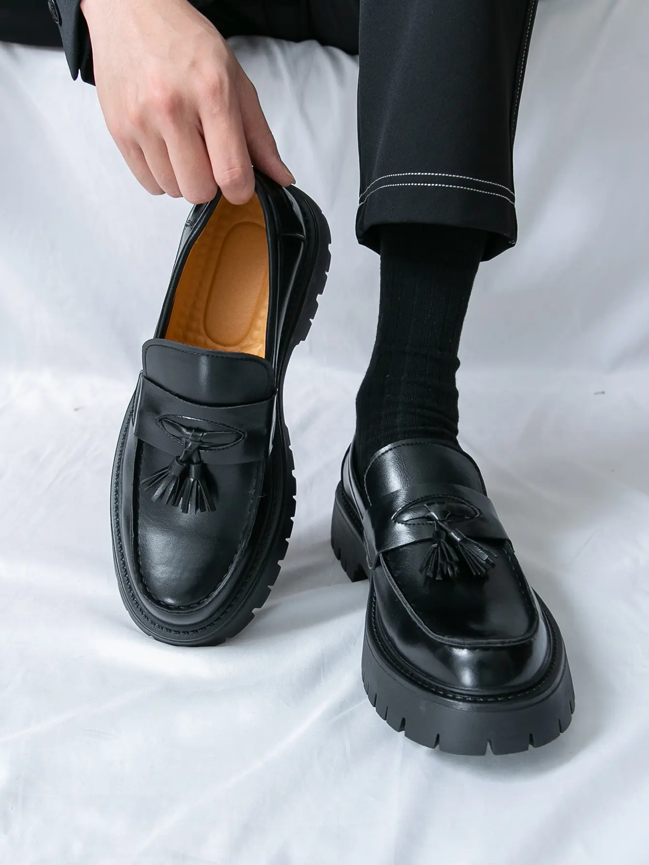 Men's Black Soft Patent Leather Platform Chunky Heel Loafers Fashion Tassel Business Casual Formal Work Shoes Men's Black Soft Patent Leather Platform Chunky Heel Loafers Fashion Tassel Business Casual Formal Work Shoes