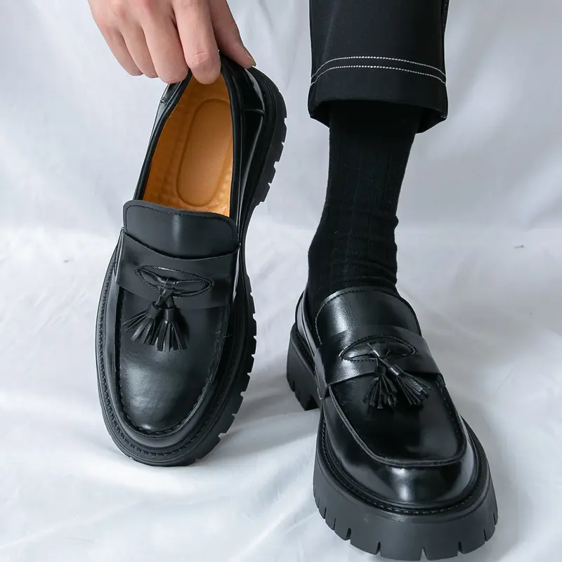 ONXITOM Men's Retro Black Soft Patent Leather Platform Chunky Heel Tassel Slip-On Penny Loafers - Rubber Lug Sole, Non-Slip, Round Toe, Breathable & Soft Filler Fabric, All Seasons Footwear for Business & Daily Use (Practical Design)