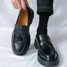 ONXITOM Men's Retro Black Soft Patent Leather Platform Chunky Heel Tassel Slip-On Penny Loafers - Rubber Lug Sole, Non-Slip, Round Toe, Breathable & Soft Filler Fabric, All Seasons Footwear for Business & Daily Use (Practical Design)
