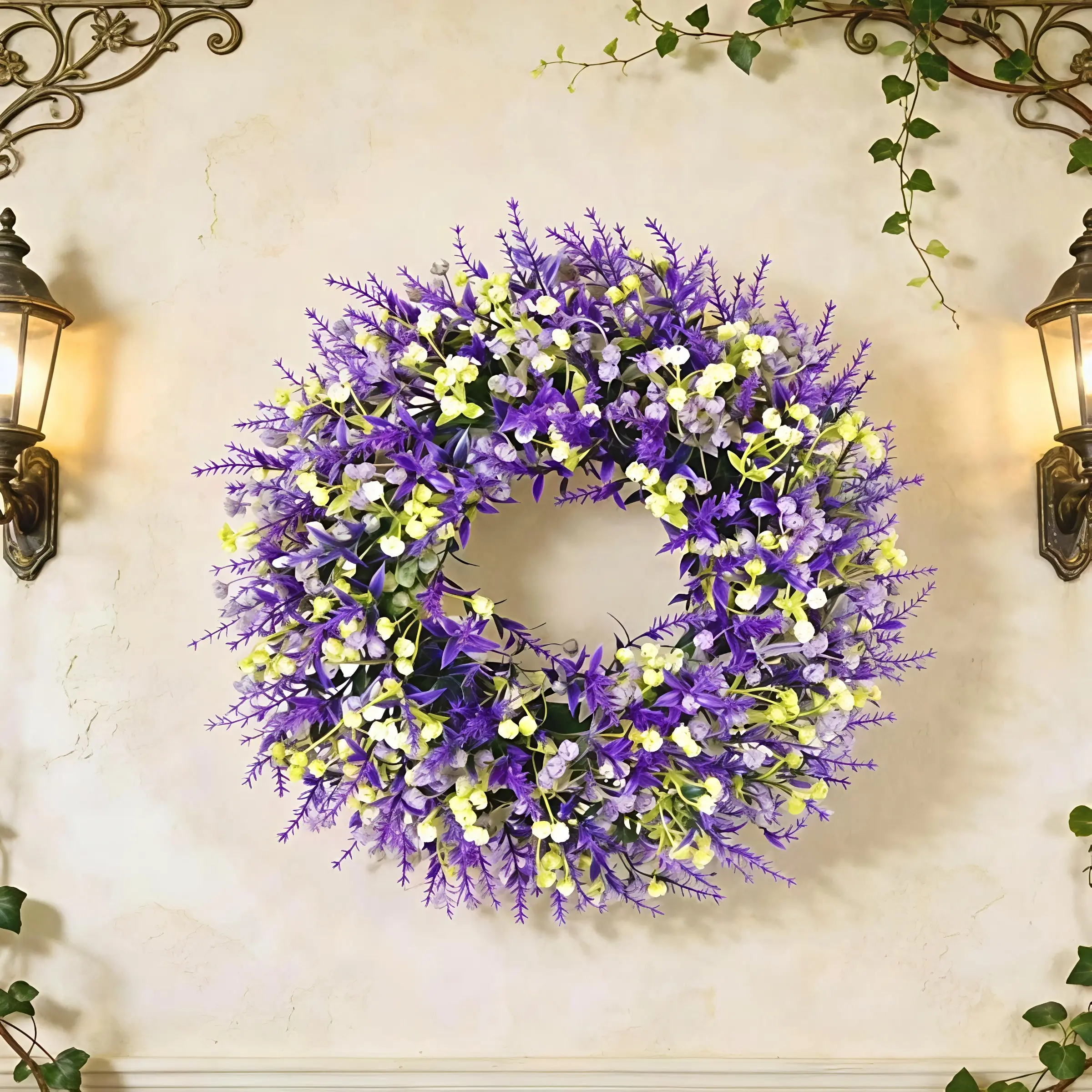 13.78 Inch Artificial Lavender Wreath, Decorative Purple Floral Hanging Ornament, Artificial Hanging Flower for Front Door, Ideal Spring Summer Decor, Suitable for Home Wall Window Porch Patio Garden, Artificial Flower Decorations