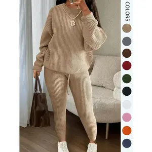 Women's Solid Drop Shoulder Long Sleeve Sweater & Drawstring Waist Pants Set, Casual Fashion Cozy Knitwear for Daily Outdoor Wear, Ladies Fall & Winter Clothes, Women's 2 Pcs Sweater Set, 2 Pieces Knit Set for Women, Fall/Winter Outfits, Casual Loungewear