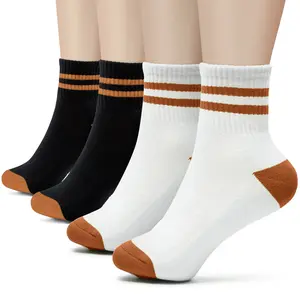 Mini Crew Socks for Women Soft Comfort Terrycloth Bottom Cute Striped Retro Athletic Quarter Calf Gym Socks (4-Pack) Comfy Cotton Black and White with Brown Stripes