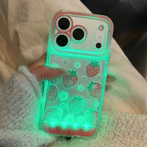 Sound Control Glowing Strawberry Hollow Cartoon Phone Case, Unique Call Light Protective Cover, Couple Style, Kids Gift, Fits iPhone X/XR/XS MAX/11/12/13/14/15/16/17 Pro/Plus/Pro Max