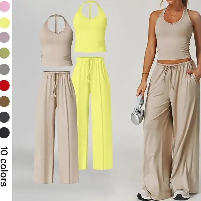 Women's 2-Piece Athleisure Outfits - Polyester-Silk Fitted Summervibe Sweatsuit, Adjustable V-Neck Strappy Top & Wide Leg Pants, Cooling Quick-Drying Breathable Figure-Flattering Women's Clothes, Workout Sets for Gym & Travel,summerwins tracksuit