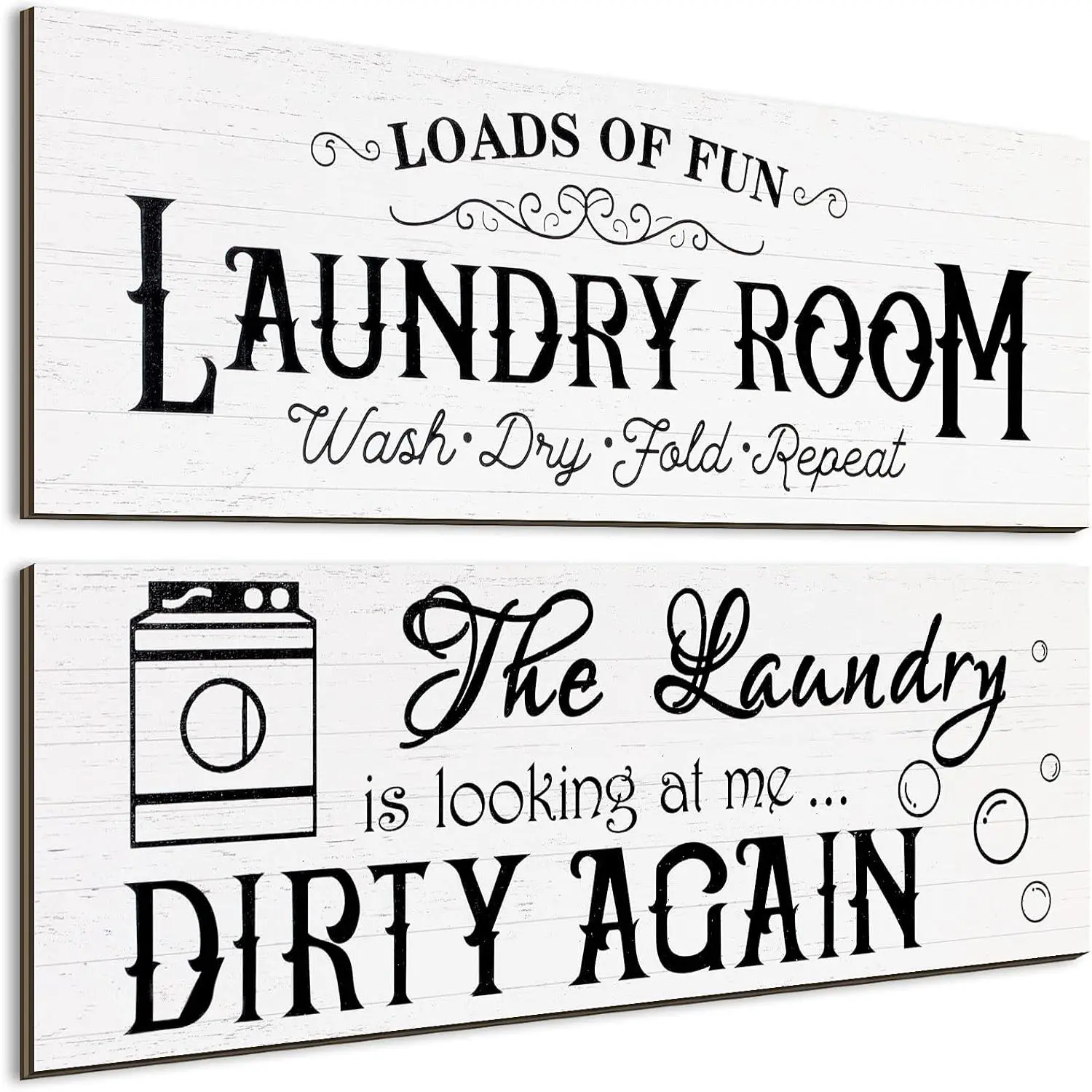 Rustic Farmhouse Wood Decorative Plaques, 2-Piece 13.8x4.7in White Home Wall Signs with Back Hooks - Family Rules Themed Hanging Printed Decor for Laundry Room, Bathroom