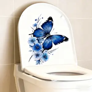 1 piece of blue butterfly flower toilet sticker, butterfly art toilet lid decal, removable vinyl peel and stick wall sticker for bathroom, toilet, bathtub door, home decoration. Christmas holiday party. Atmosphere decoration.