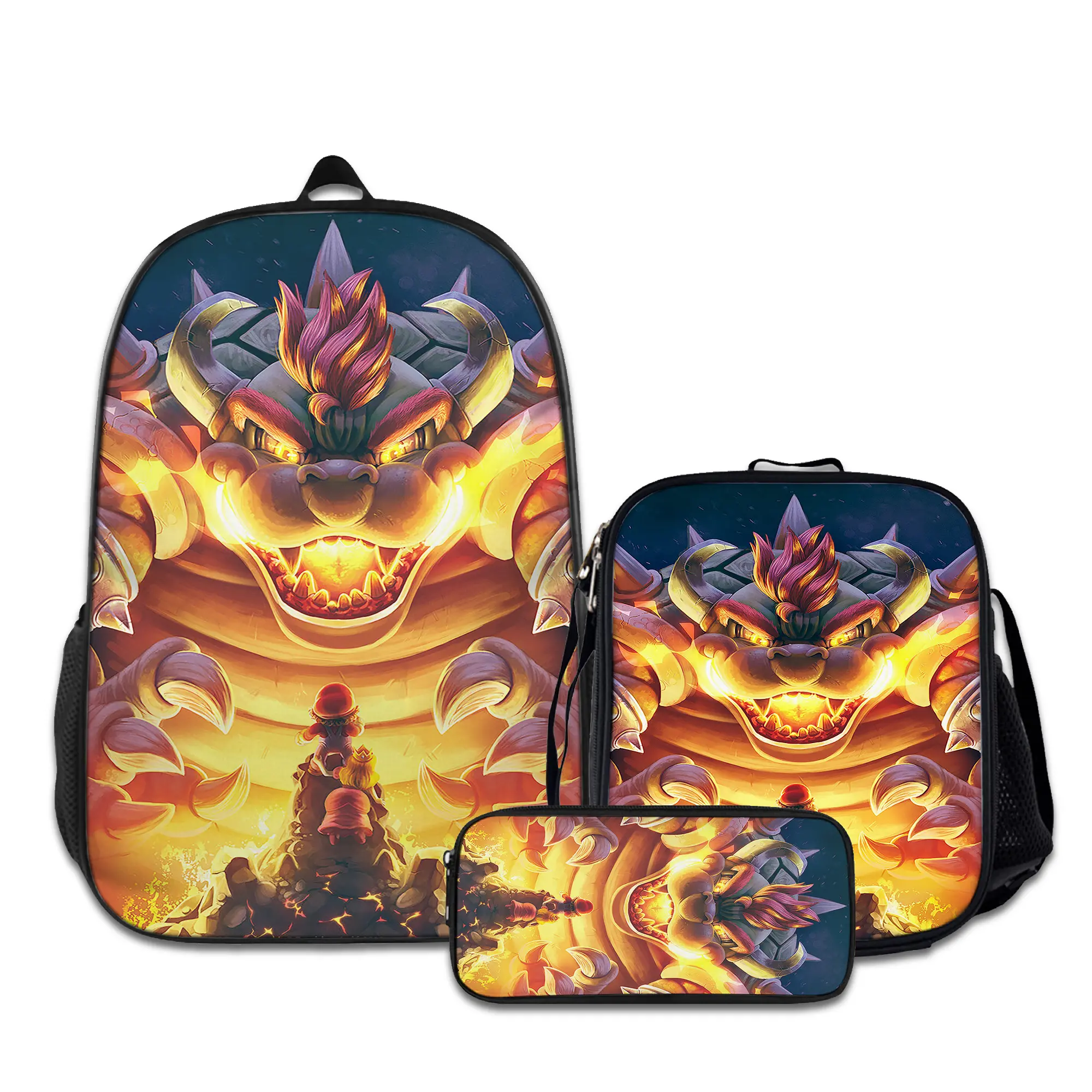 3PCS Backpacks for Girls Set, Cute bowser-10 School Backpack for Boys with Lunch Box and Pencil Case, Aesthetic Bookbag for Teens, Lightweight Classic Backpack for Travel, Work, Picnic